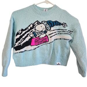 Justice Girls Snoopy Peanuts Sledding Fuzzy Knit Sweater Light Blue XS 5/6